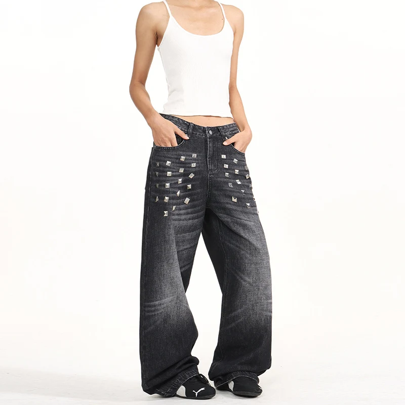 Damen Extraweite Nieten-Baggy-Jeans mit tiefem Bund und Used-Wash Drune