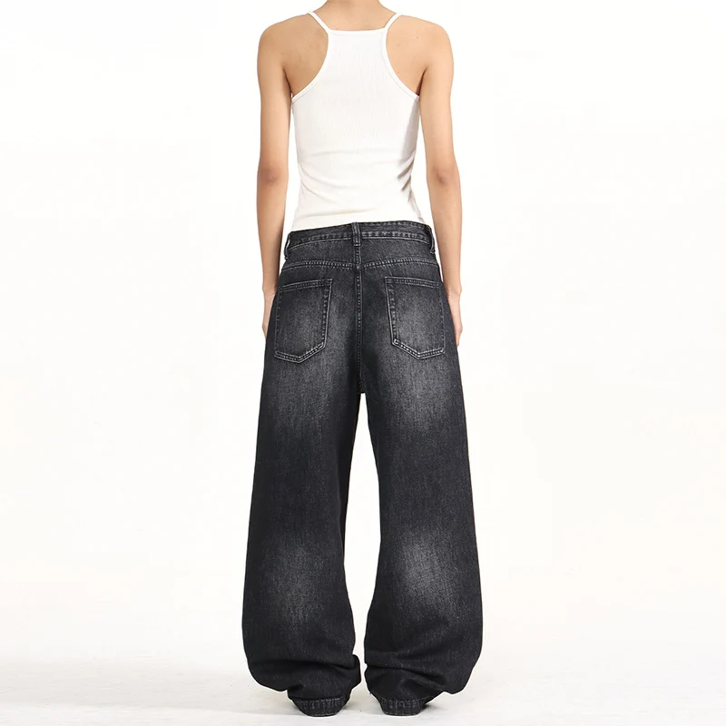 Damen Extraweite Nieten-Baggy-Jeans mit tiefem Bund und Used-Wash Drune