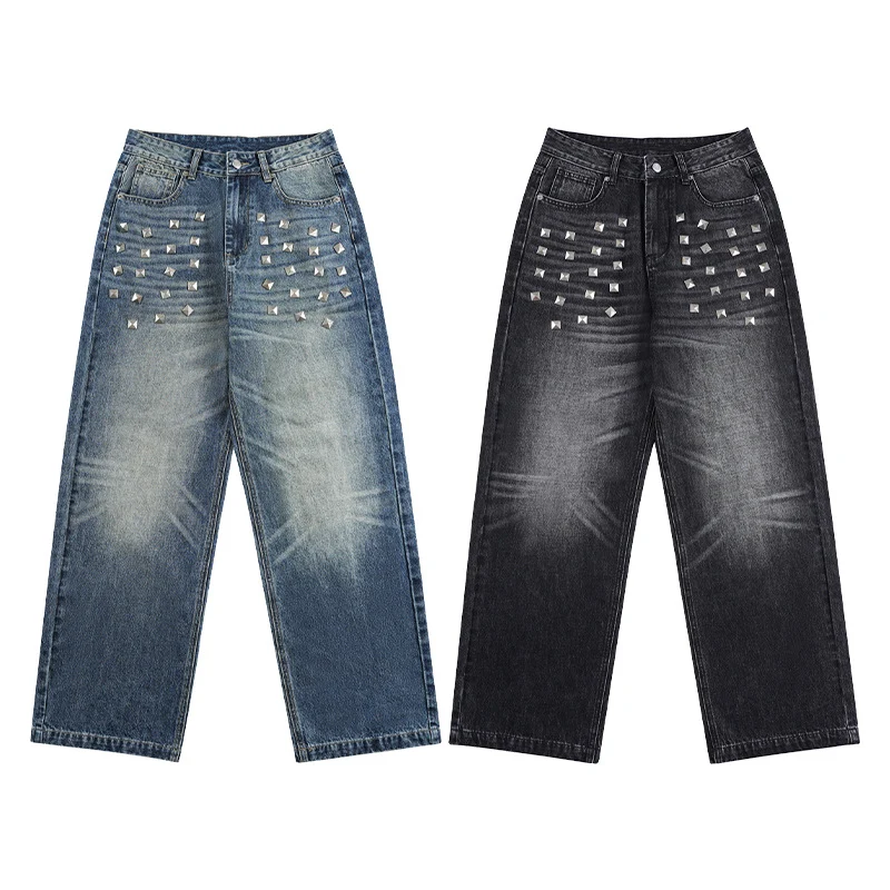 Damen Extraweite Nieten-Baggy-Jeans mit tiefem Bund und Used-Wash Drune