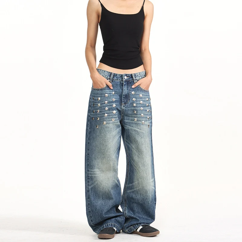 Damen Extraweite Nieten-Baggy-Jeans mit tiefem Bund und Used-Wash Drune