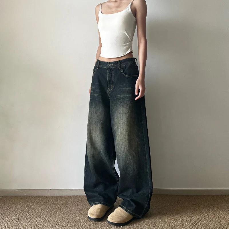 Damen Extraweite Low‑Rise Baggy-Jeans im Vintage-Waschung Drune