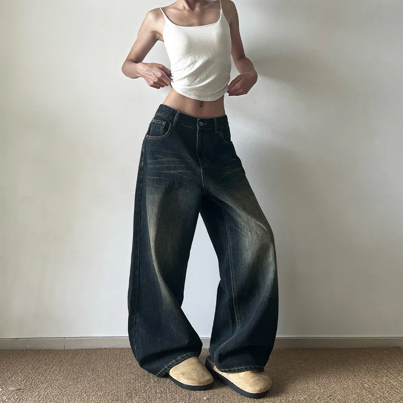 Damen Extraweite Low‑Rise Baggy-Jeans im Vintage-Waschung Drune