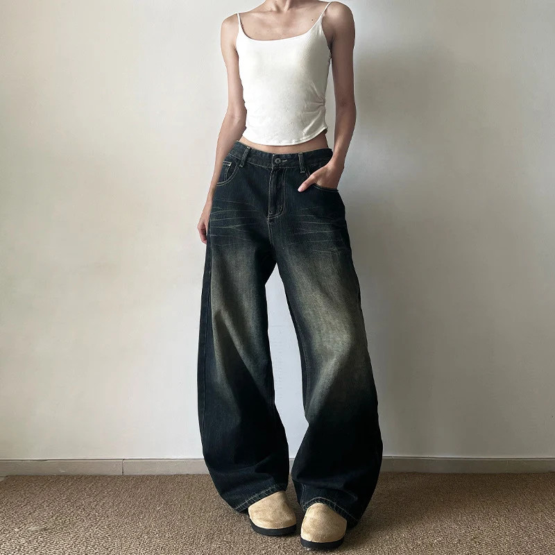 Damen Extraweite Low‑Rise Baggy-Jeans im Vintage-Waschung Drune
