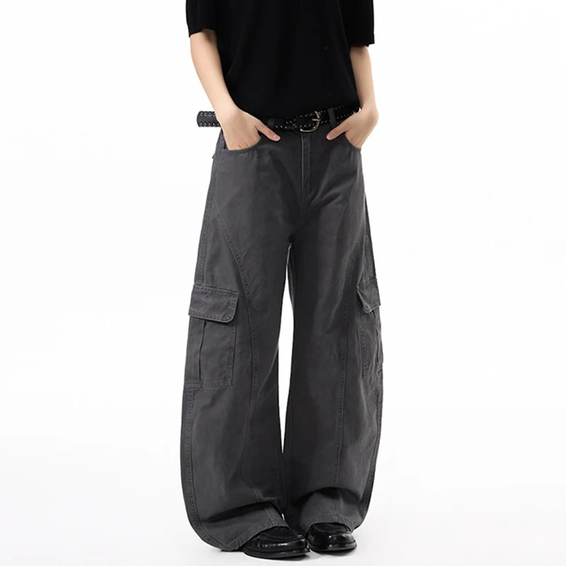 Damen Extraweite Hochtaillierte Cargo-Palazzo-Hose aus Baumwoll-Twill mit Pattentaschen Drune