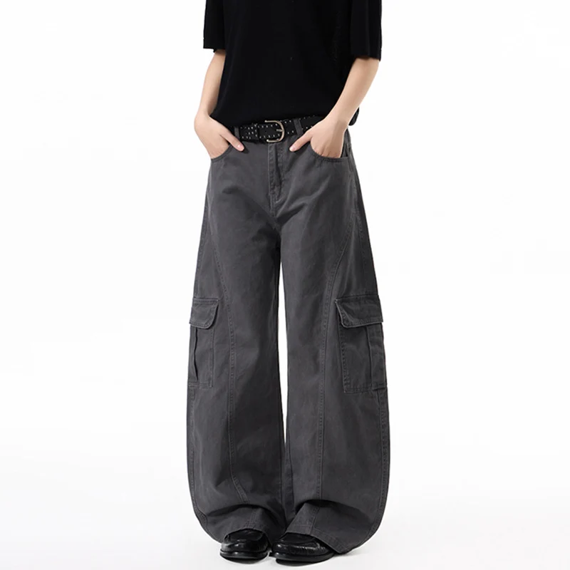 Damen Extraweite Hochtaillierte Cargo-Palazzo-Hose aus Baumwoll-Twill mit Pattentaschen Drune