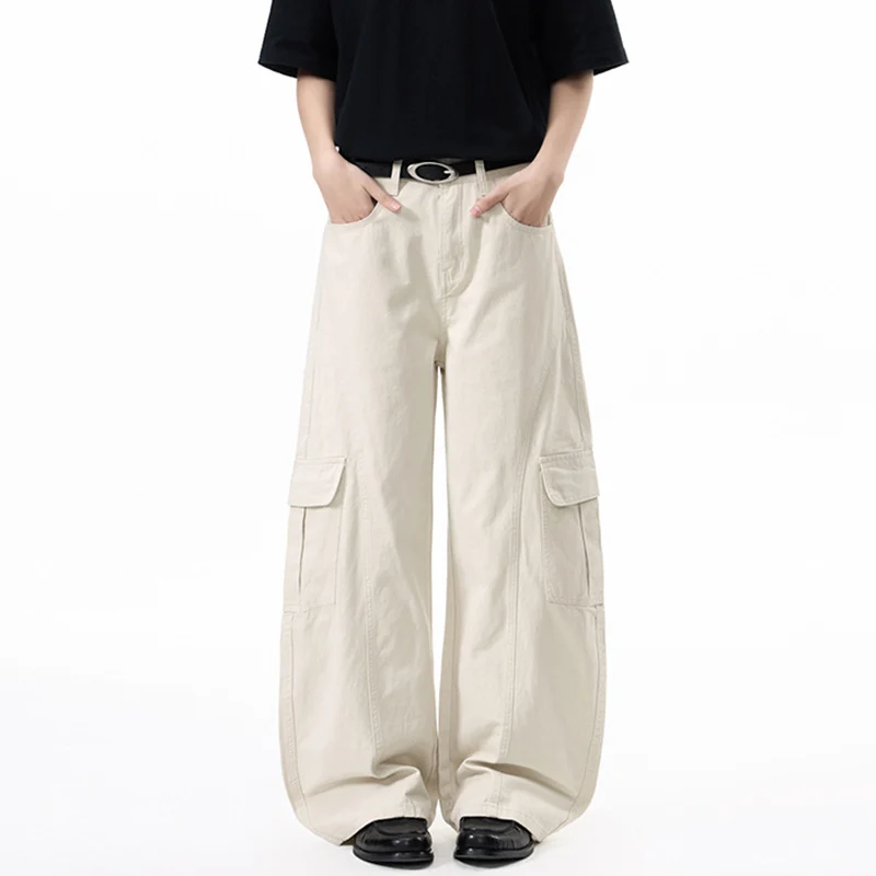Damen Extraweite Hochtaillierte Cargo-Palazzo-Hose aus Baumwoll-Twill mit Pattentaschen Drune