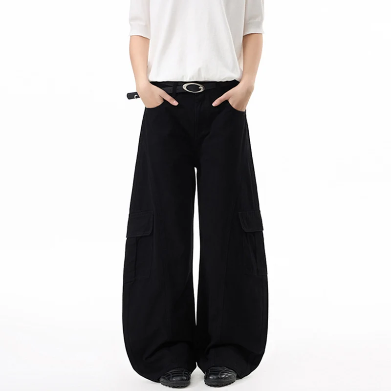 Damen Extraweite Hochtaillierte Cargo-Palazzo-Hose aus Baumwoll-Twill mit Pattentaschen Drune