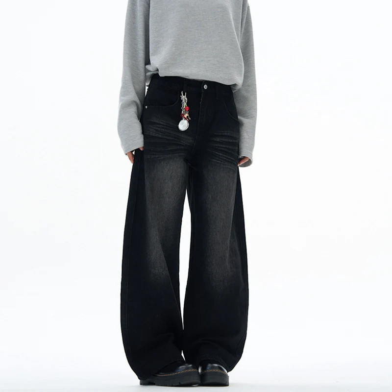 Damen extraweite hochgeschnittene Baggy-Jeans mit tiefem Schritt und Vintage‑Waschung Drune