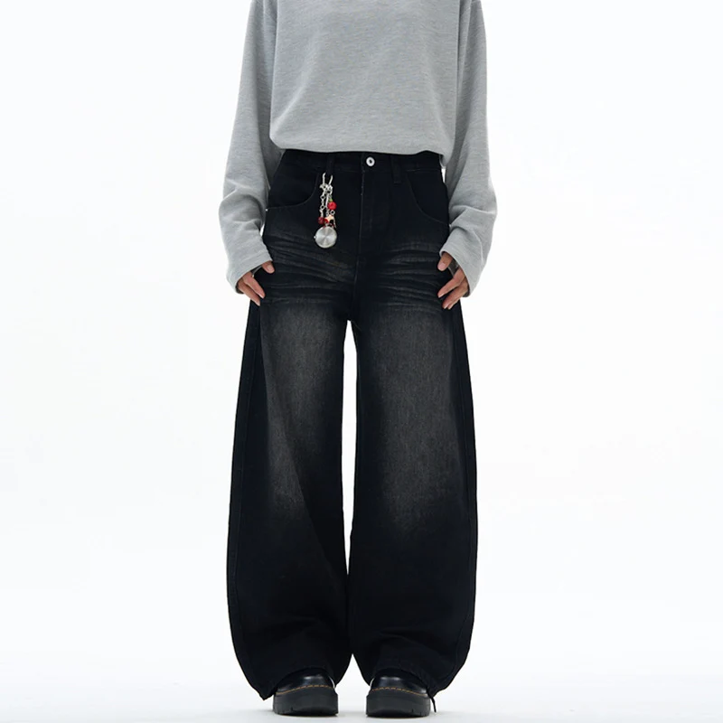 Damen extraweite hochgeschnittene Baggy-Jeans mit tiefem Schritt und Vintage‑Waschung Drune