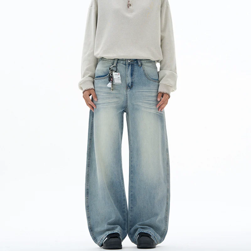 Damen extraweite hochgeschnittene Baggy-Jeans mit tiefem Schritt und Vintage‑Waschung Drune