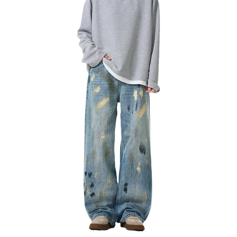 Damen Extraweite hochgeschnittene Baggy-Jeans mit künstlerischem Paint-Effekt Drune