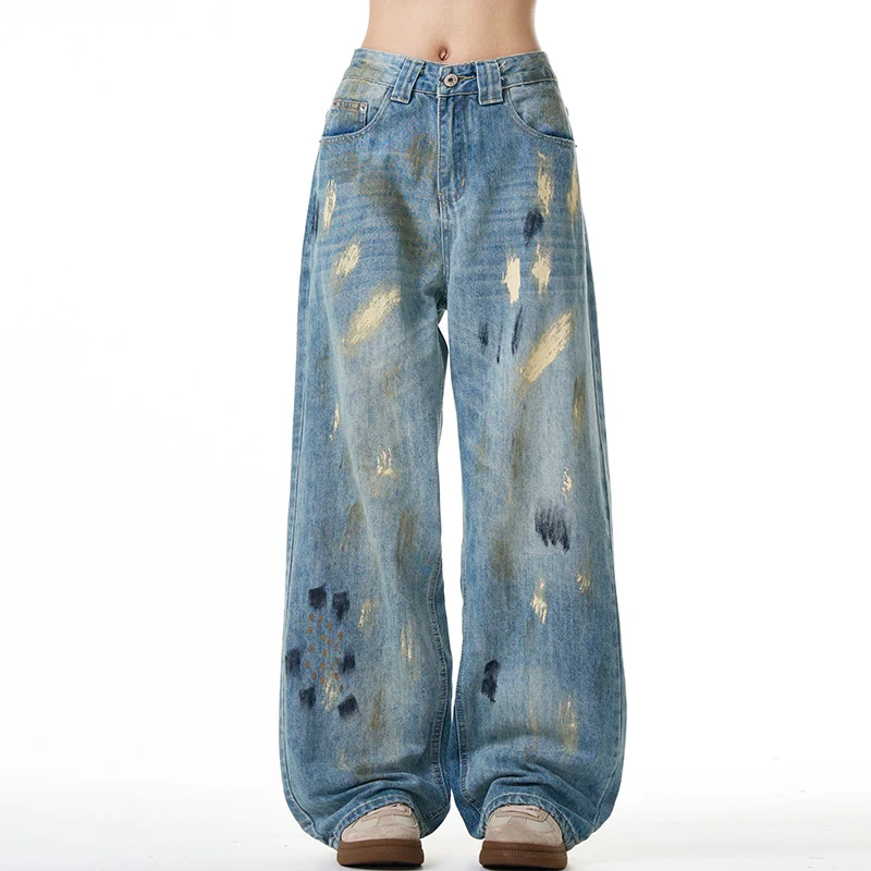 Damen Extraweite hochgeschnittene Baggy-Jeans mit künstlerischem Paint-Effekt Drune
