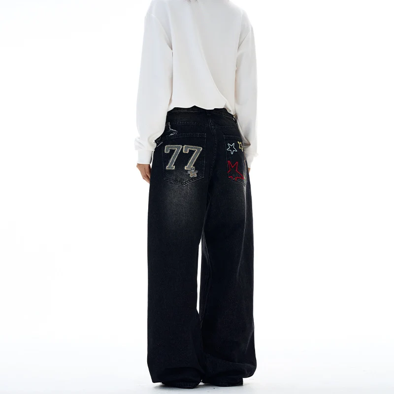 Damen Extraweite Highwaist-Palazzo-Jeans aus Vintage-Denim mit gerundetem Saum Drune