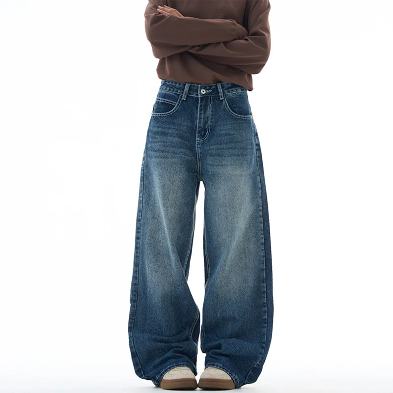 Damen Extraweite Highwaist-Palazzo-Jeans aus Vintage-Denim mit gerundetem Saum Drune