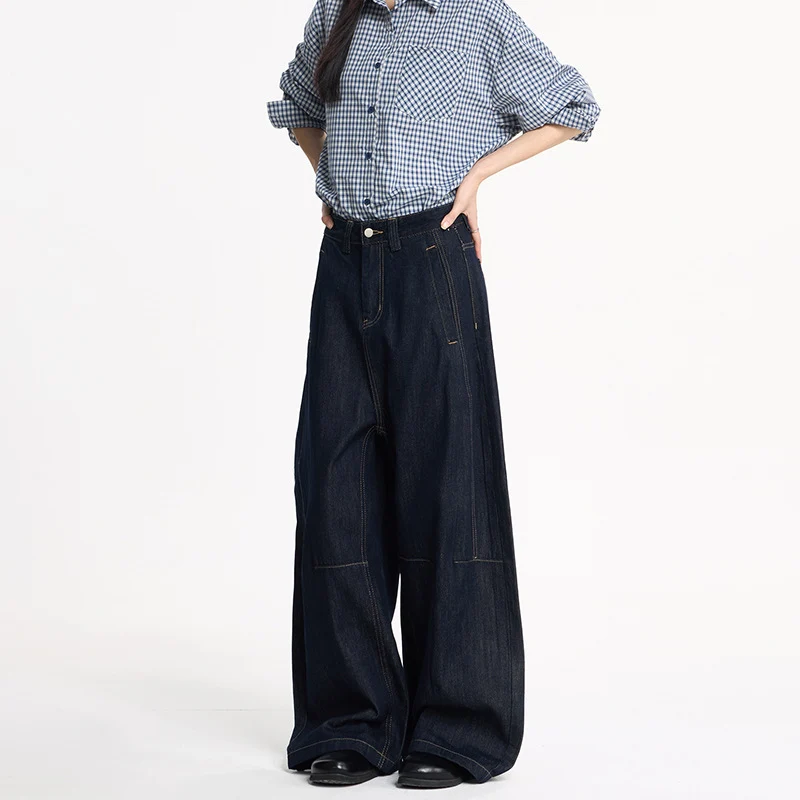 Damen Extraweite High‑Waist Denim‑Hose mit bodenlangem weitem Bein Drune