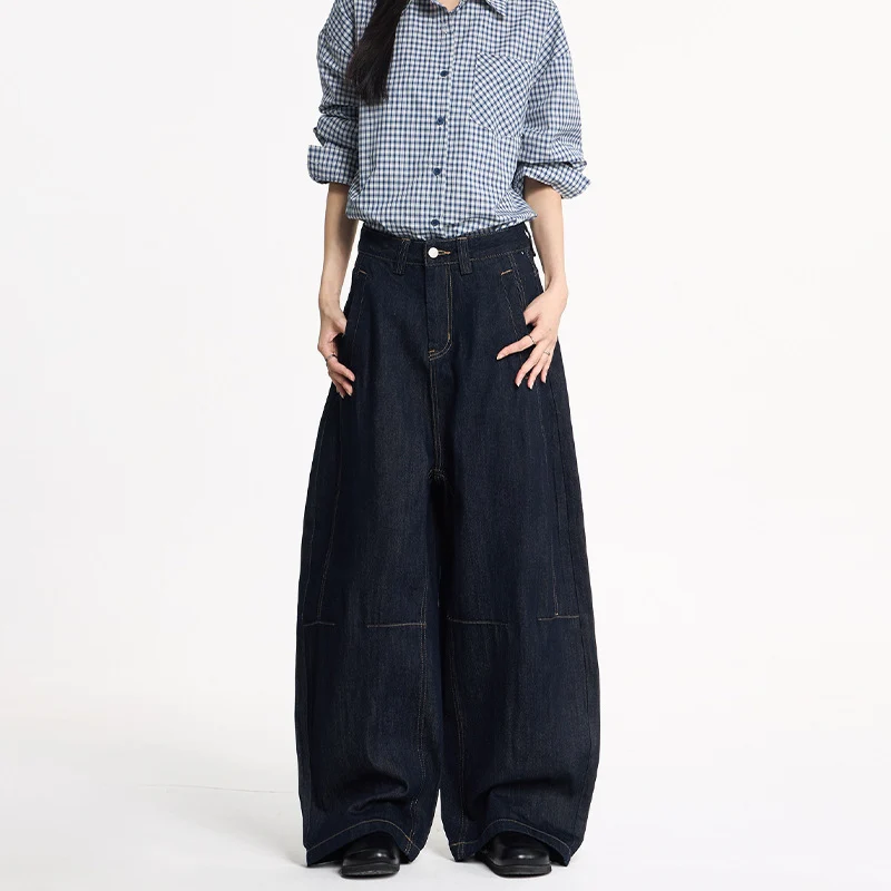 Damen Extraweite High‑Waist Denim‑Hose mit bodenlangem weitem Bein Drune