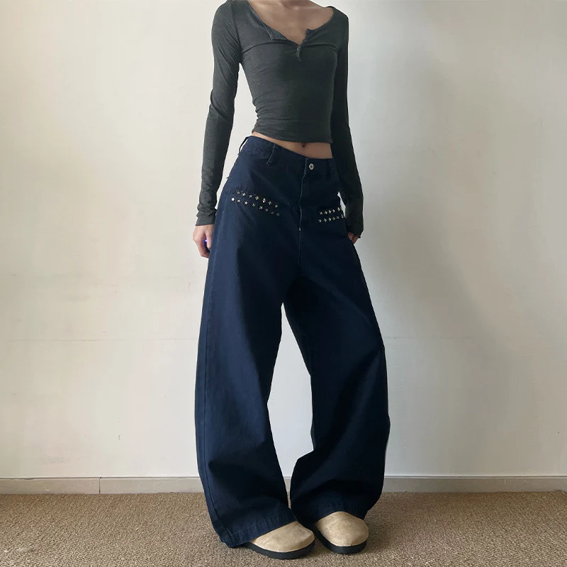Damen Extraweite High‑Waist Baumwoll-Twill-Hose mit Nietenbesatz und Palazzoschnitt Drune