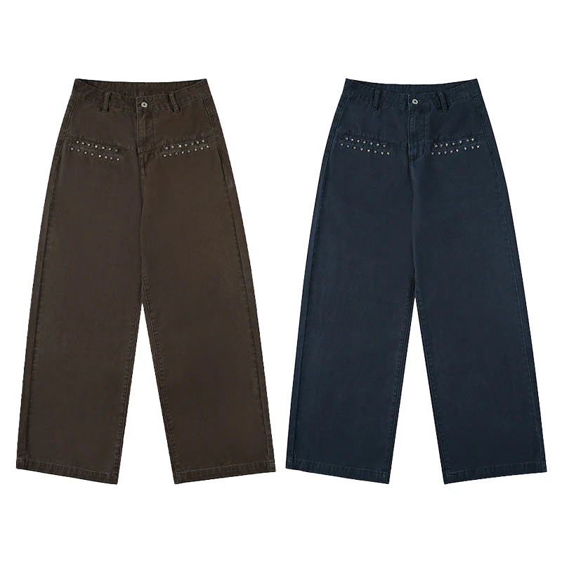 Damen Extraweite High‑Waist Baumwoll-Twill-Hose mit Nietenbesatz und Palazzoschnitt Drune