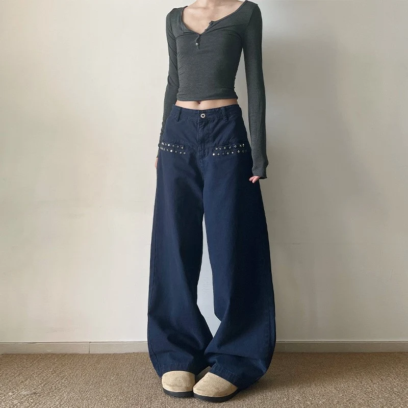 Damen Extraweite High‑Waist Baumwoll-Twill-Hose mit Nietenbesatz und Palazzoschnitt Drune