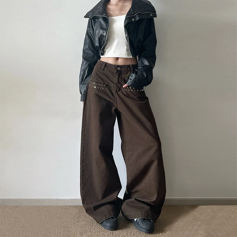 Damen Extraweite High‑Waist Baumwoll-Twill-Hose mit Nietenbesatz und Palazzoschnitt Drune