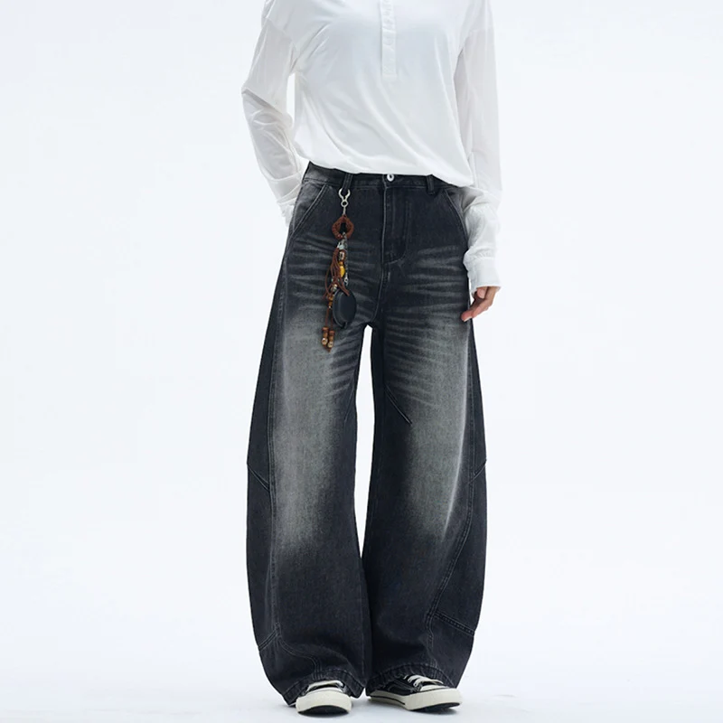 Damen Extraweite Denim-Palazzohose mit Paneelnähten und bodenlangem Saum Drune