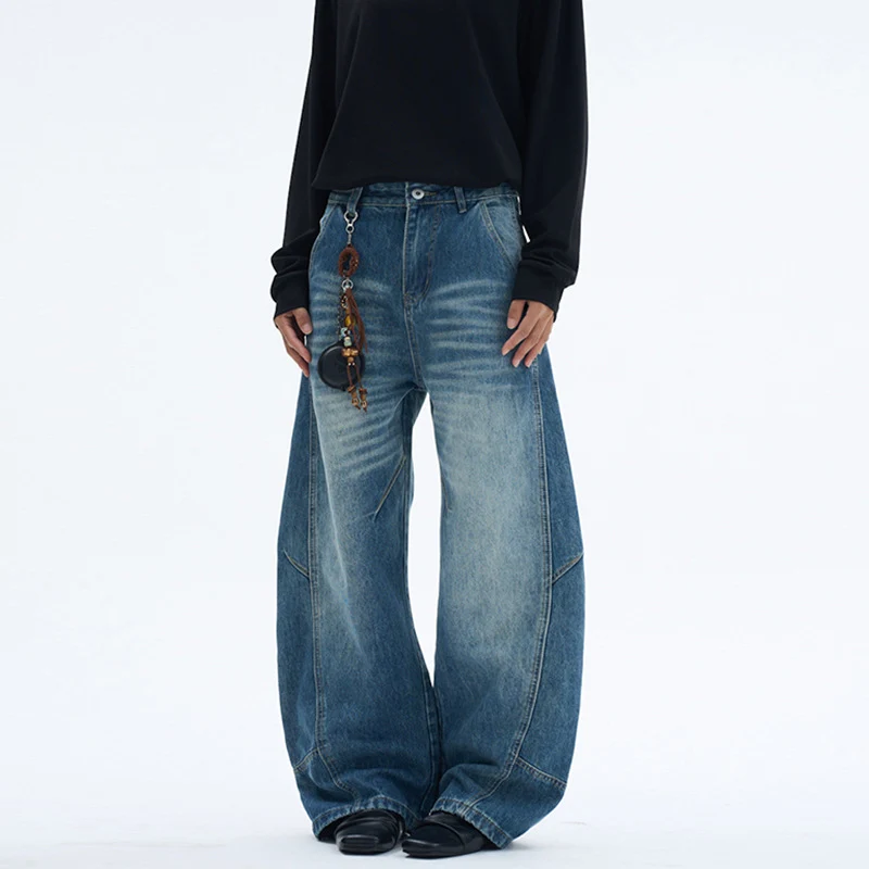 Damen Extraweite Denim-Palazzohose mit Paneelnähten und bodenlangem Saum Drune