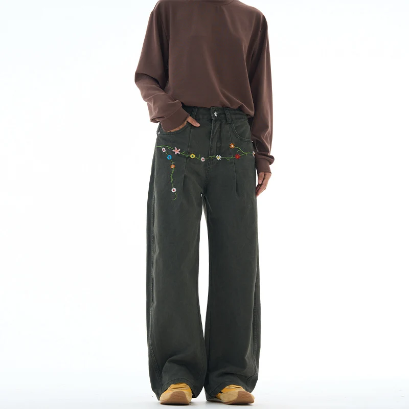 Damen Extraweite Denim-Palazzohose mit floraler Stickerei Drune