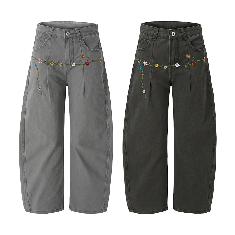 Damen Extraweite Denim-Palazzohose mit floraler Stickerei Drune