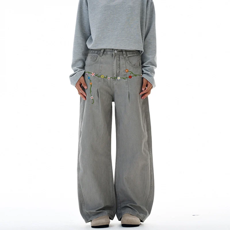 Damen Extraweite Denim-Palazzohose mit floraler Stickerei Drune
