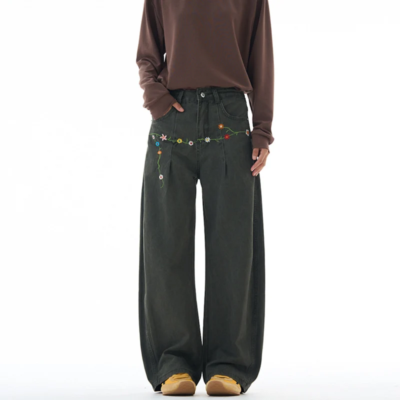 Damen Extraweite Denim-Palazzohose mit floraler Stickerei Drune
