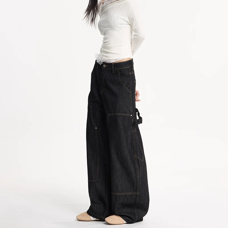Damen Extraweite Denim-Palazzohose im Cargostil mit tiefem Schritt, Kontrastnähten und Utility‑Details Drune