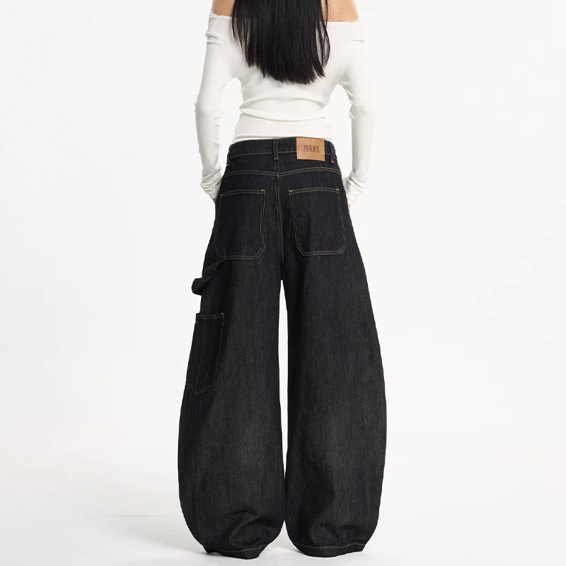 Damen Extraweite Denim-Palazzohose im Cargostil mit tiefem Schritt, Kontrastnähten und Utility‑Details Drune