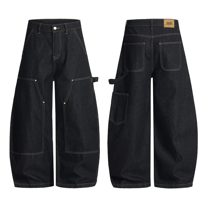 Damen Extraweite Denim-Palazzohose im Cargostil mit tiefem Schritt, Kontrastnähten und Utility‑Details Drune
