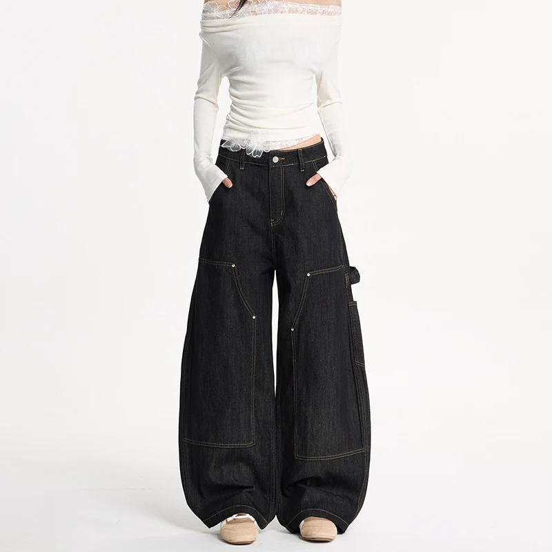 Damen Extraweite Denim-Palazzohose im Cargostil mit tiefem Schritt, Kontrastnähten und Utility‑Details Drune