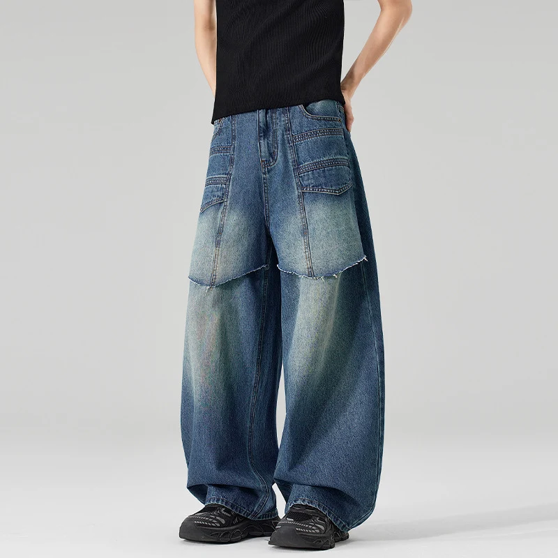 Damen Extraweite Denim-Palazzo-Hose mit aufgesetzten Vorderpanelen und Used-Waschung Drune