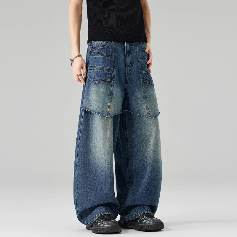 Damen Extraweite Denim-Palazzo-Hose mit aufgesetzten Vorderpanelen und Used-Waschung Drune