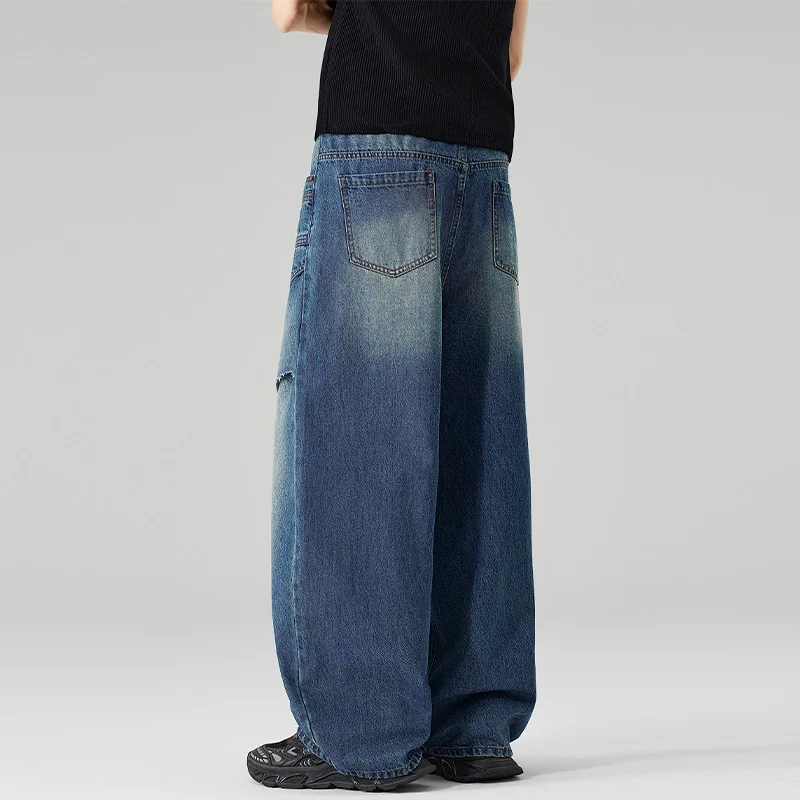 Damen Extraweite Denim-Palazzo-Hose mit aufgesetzten Vorderpanelen und Used-Waschung Drune
