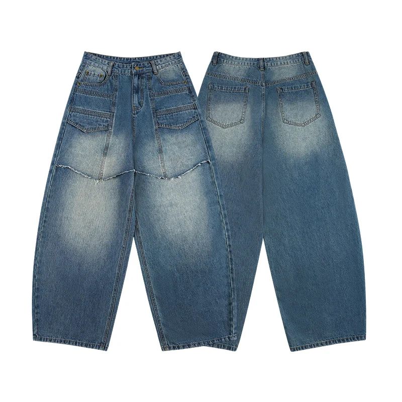 Damen Extraweite Denim-Palazzo-Hose mit aufgesetzten Vorderpanelen und Used-Waschung Drune