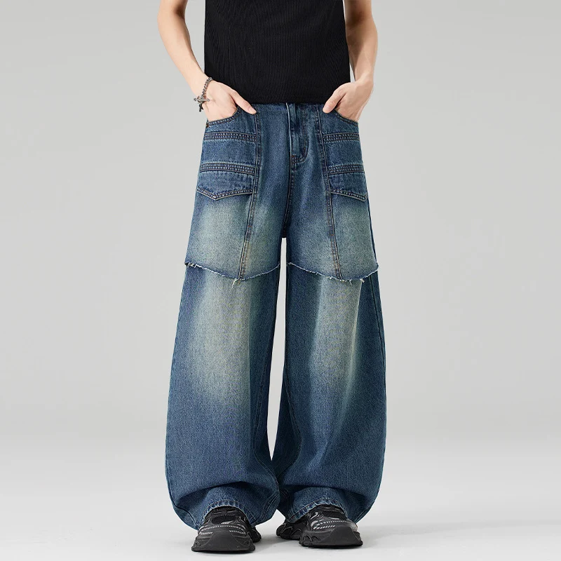 Damen Extraweite Denim-Palazzo-Hose mit aufgesetzten Vorderpanelen und Used-Waschung Drune
