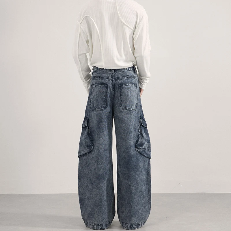 Damen Extraweite Cargo-Denim-Palazzohose mit diagonalem Nahtdesign und großen Klappentaschen Drune