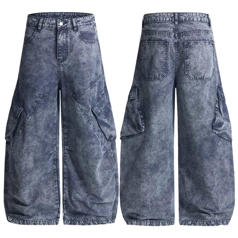 Damen Extraweite Cargo-Denim-Palazzohose mit diagonalem Nahtdesign und großen Klappentaschen Drune