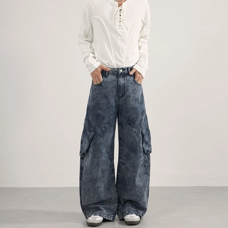 Damen Extraweite Cargo-Denim-Palazzohose mit diagonalem Nahtdesign und großen Klappentaschen Drune