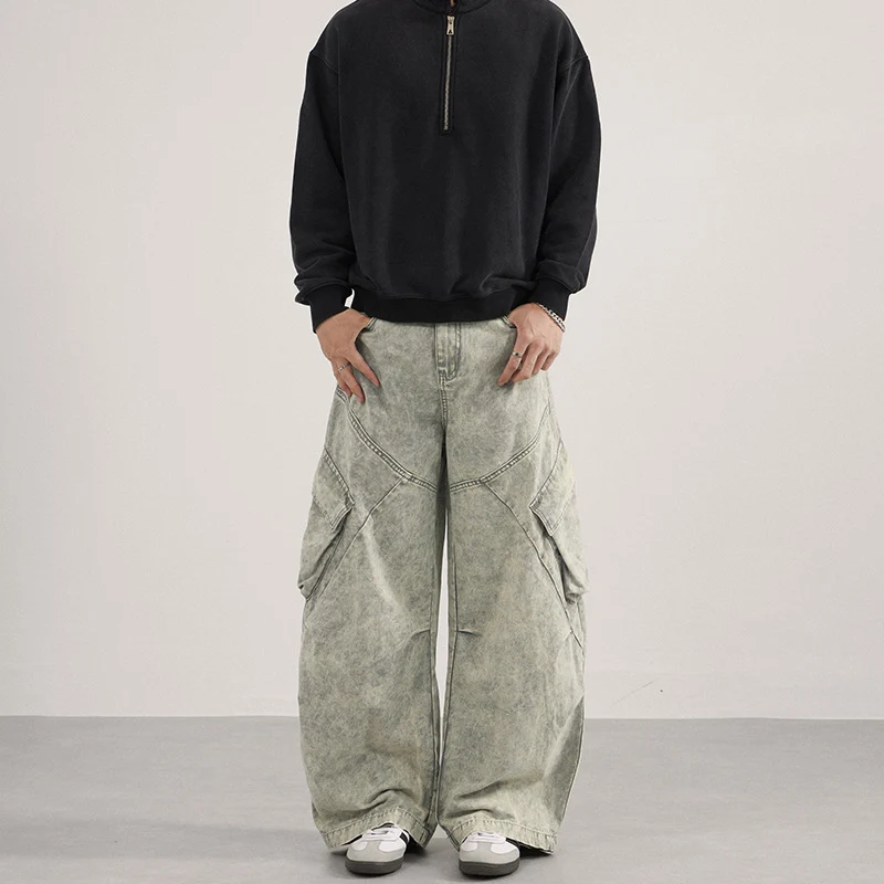 Damen Extraweite Cargo-Denim-Palazzohose mit diagonalem Nahtdesign und großen Klappentaschen Drune