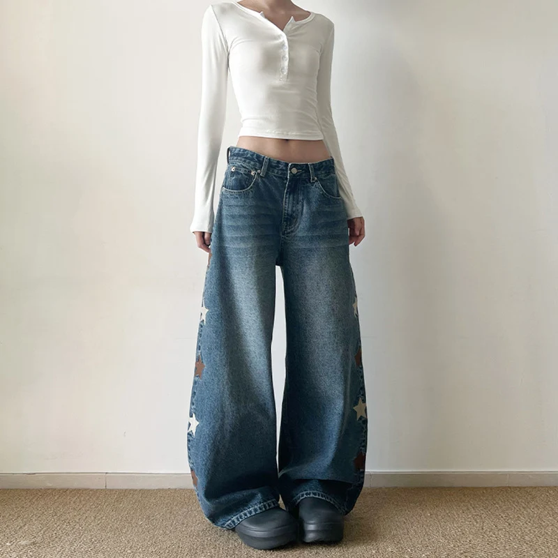 Damen Extraweite Baggy-Jeans mit Stern‑Applikationen und bodenlanger Silhouette Drune