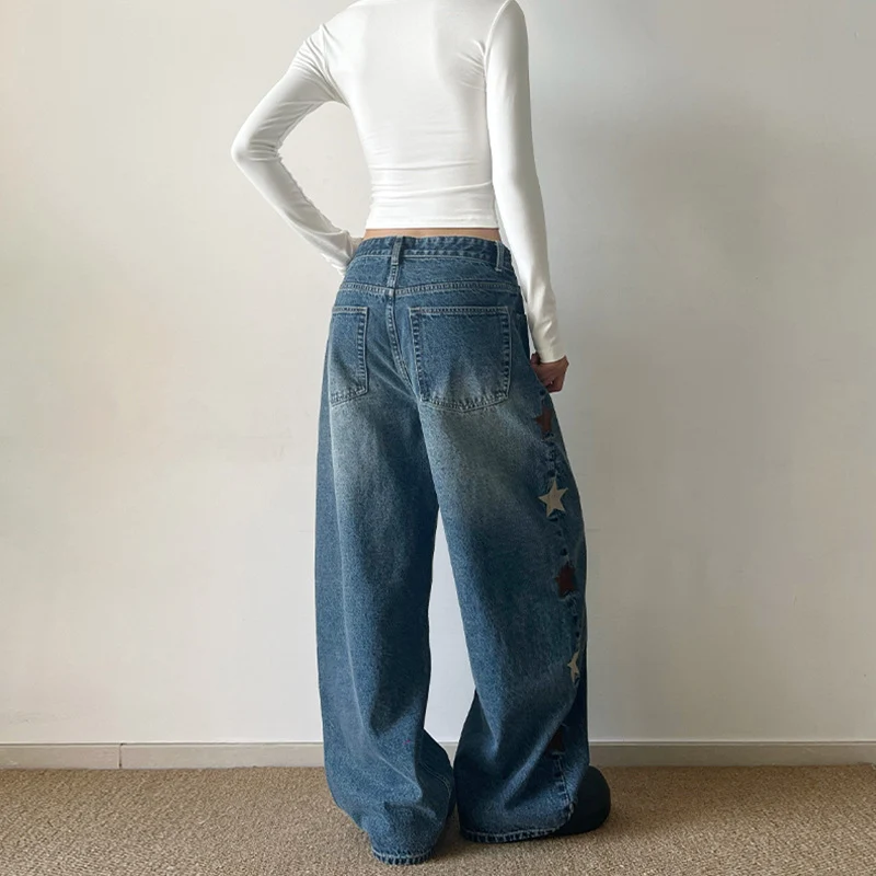 Damen Extraweite Baggy-Jeans mit Stern‑Applikationen und bodenlanger Silhouette Drune