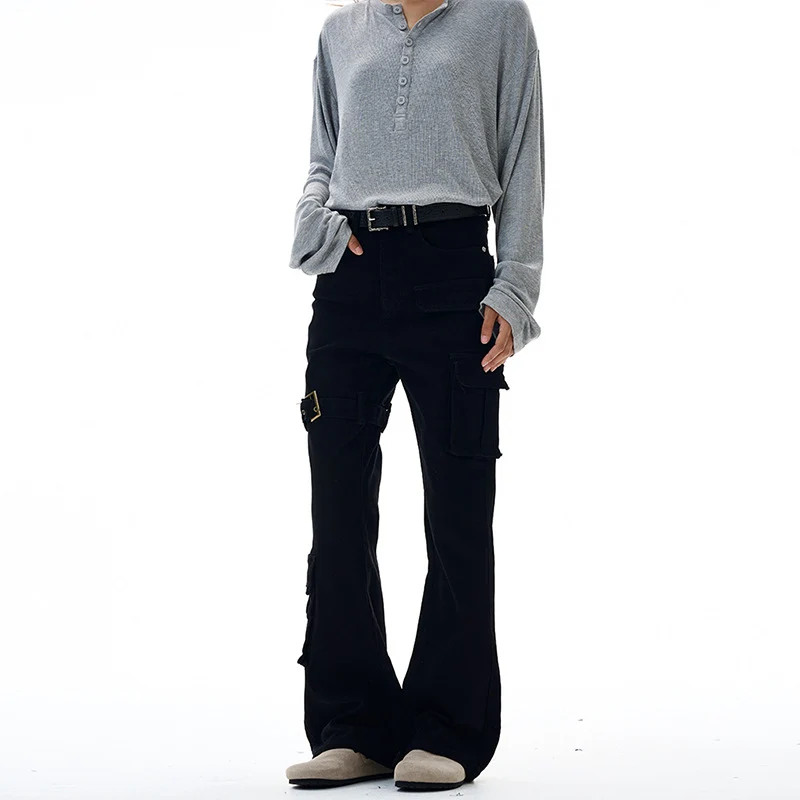Damen Cargo-Flared-Jeans mit hoher Bundlinie, Utility-Taschen und Beinschnalle Drune