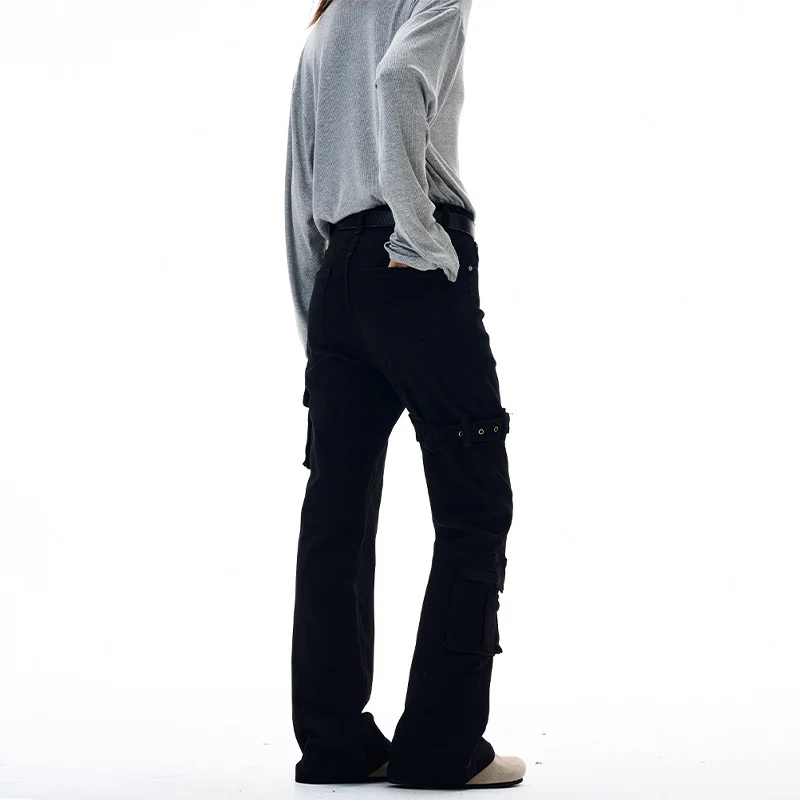 Damen Cargo-Flared-Jeans mit hoher Bundlinie, Utility-Taschen und Beinschnalle Drune