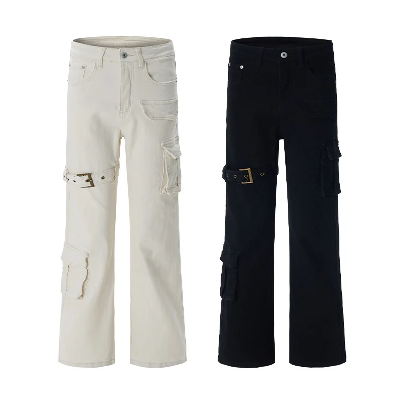 Damen Cargo-Flared-Jeans mit hoher Bundlinie, Utility-Taschen und Beinschnalle Drune