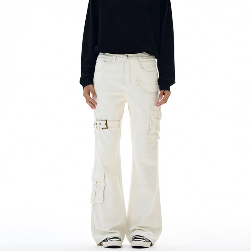 Damen Cargo-Flared-Jeans mit hoher Bundlinie, Utility-Taschen und Beinschnalle Drune