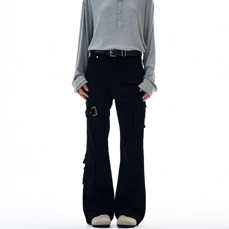 Damen Cargo-Flared-Jeans mit hoher Bundlinie, Utility-Taschen und Beinschnalle Drune